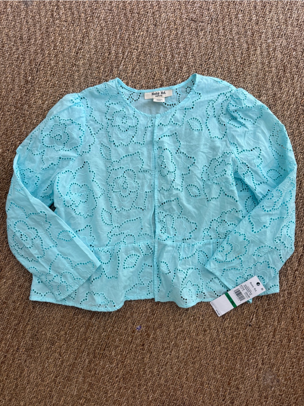NWT Ruby Rd. Petite Aqua Eyelet Blouse Top Size PL